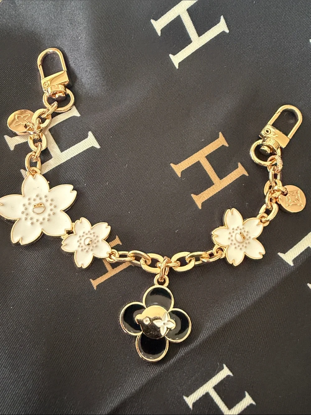 Gold-Tone Floral Charm  with White and Black Enamel handmade